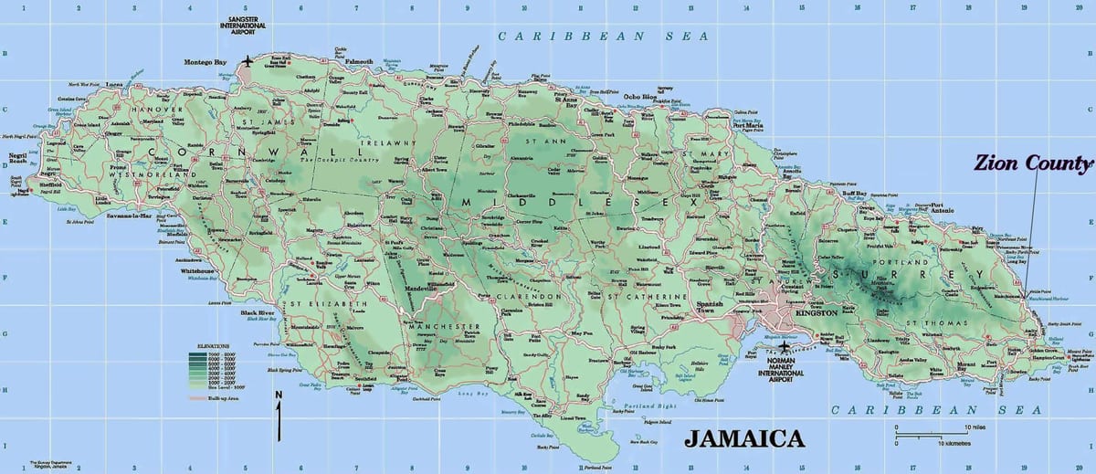 fysisk karta över jamaica visar bergen