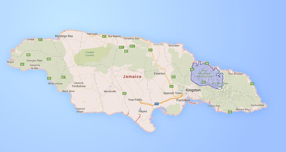 Karta över blue mountains jamaica