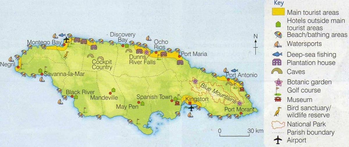 Karta över jamaica visar resort områden