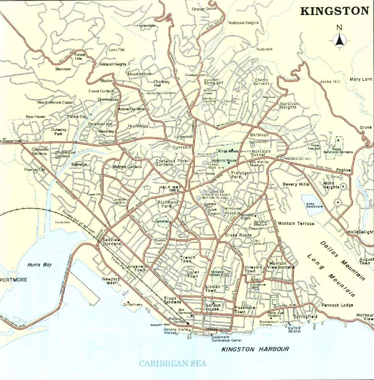 Karta över kingston jamaica stadsdelar