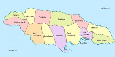 En karta av jamaica med församlingar och huvudstäder